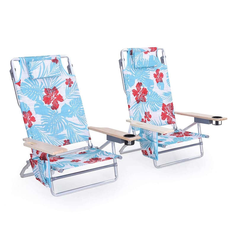 2-Piece Lightweight 5-Position Folding Lay Flat Beach Chairs with Tower Bar