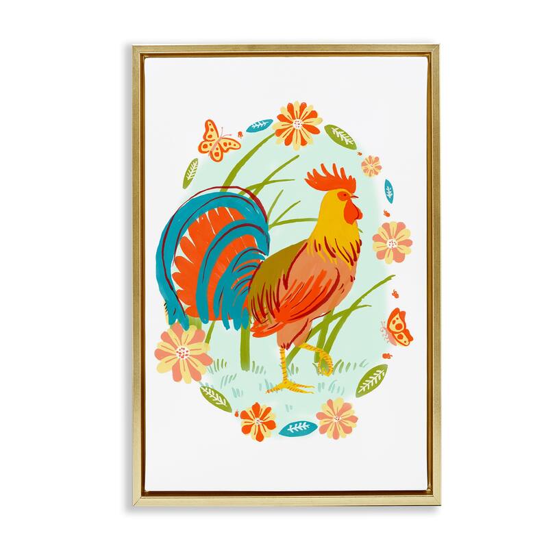 Stupell Rooster with Butterflies Border Framed Floater Canvas Wall Art Design By Hannah Moren - 17 x 25 - Gold