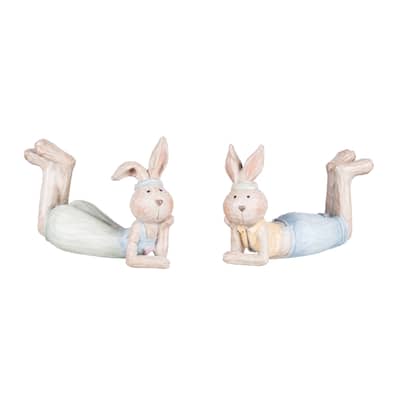 Laying Down Prone Thinking Easter Bunny Small Polyresin Figurines Set of 2