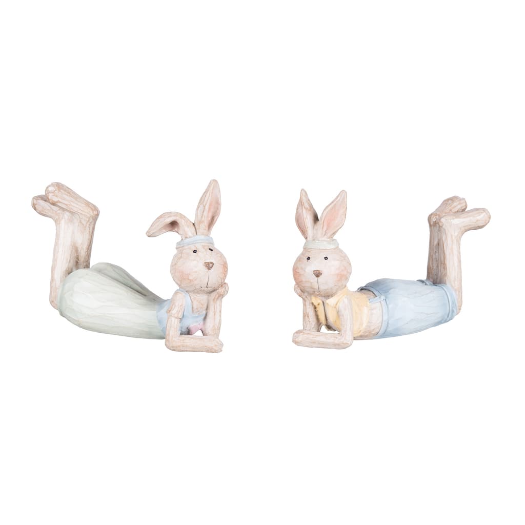 Laying Down Prone Thinking Easter Bunny Small Polyresin Figurines Set of 2