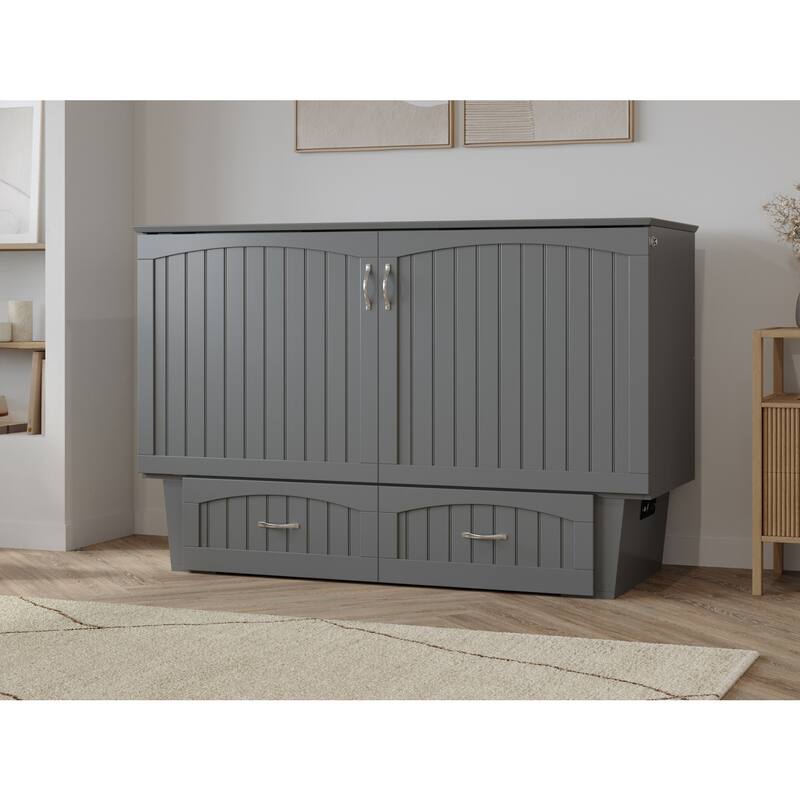 Queen Murphy Bed Chest Solid Wood Storage Bed with Mattress & USB Ports - Grey, 82.5"L x 63.63"W x 41"H