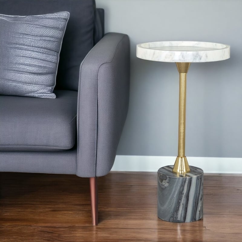 HomeRoots 22" Gold Gray And White Marble And Iron Round Pedestal End Table - 10' X '22' X '10 - Gold/Black - Marble