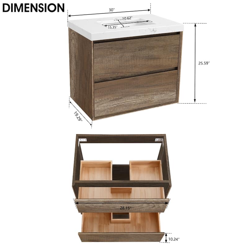 24"30"36"48"60"72" Floating Bathroom Vanity Engineered Stone Top with Rectangular Ceramic Undermount Sink
