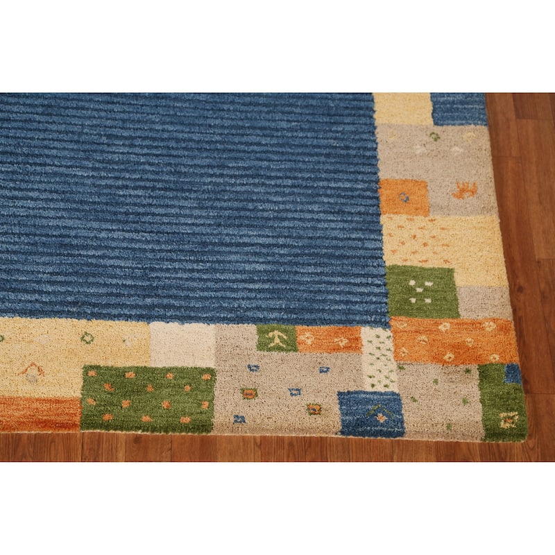 Blue Geometric Gabbeh Indian Area Rug Handmade Border Wool Carpet - 5'3" x 7'7"
