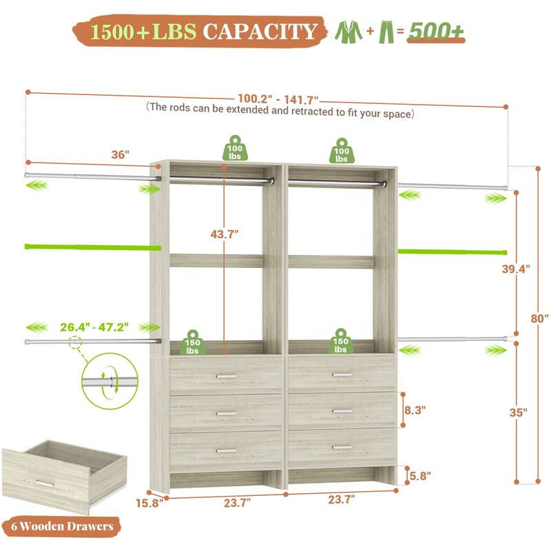 Cimly Set of 2 Closet Organizer System with Adjustable Hanging Rods and Drawers