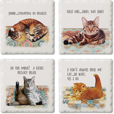 CounterArt Cat Nappy Multi-Image Absorbent Stone Coasters with Protective Cork Backing Set of 4 Made in The USA