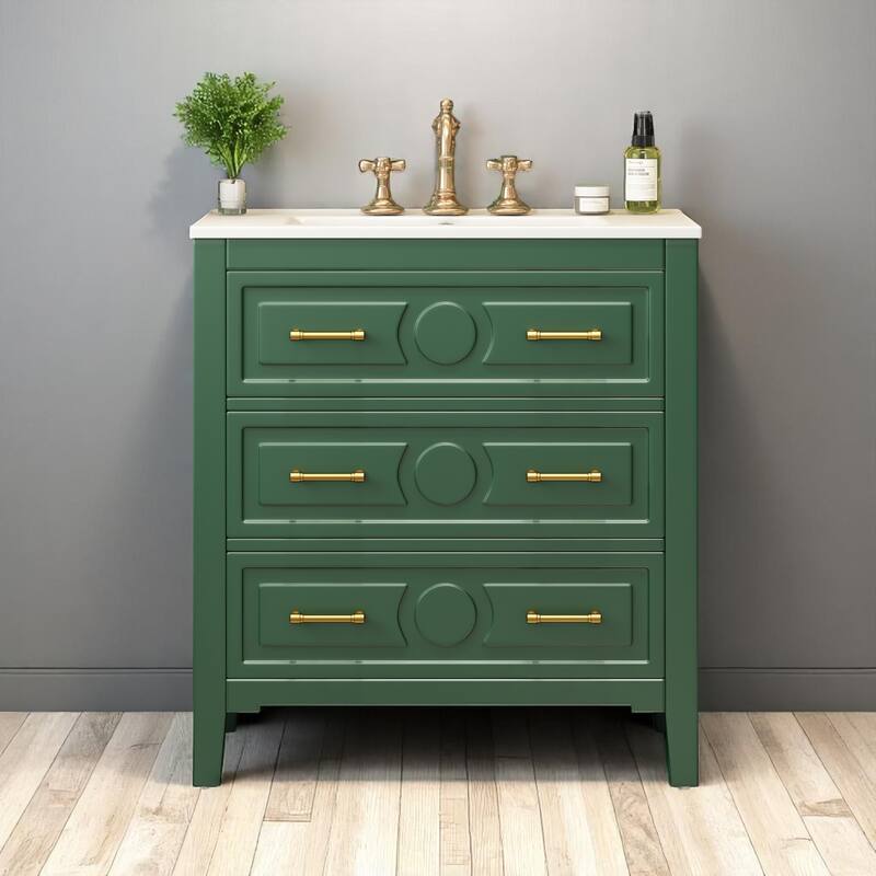 30" Bathroom Vanity with Ceramic Sink, 3 Drawers, Solid Wood Frame,Retro Cabinet, Pre-Drilled for 4" Faucet, Storage Organizer