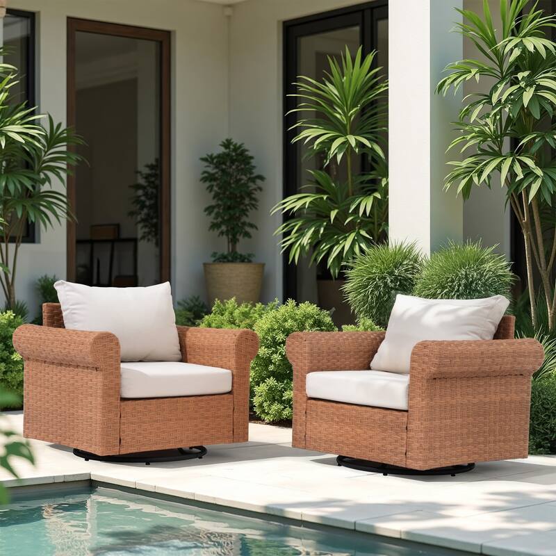 2-Piece PE Rattan Swivel Patio Armchair Set with Cushions - Beige