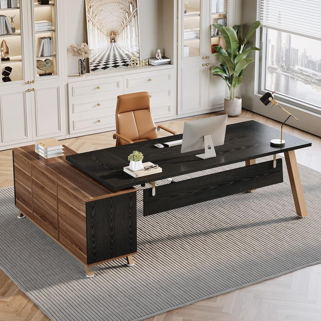 78.7" L-Shaped Executive Desk with File Drawers & Storage Shelves for Home Office, Beige & Walnut