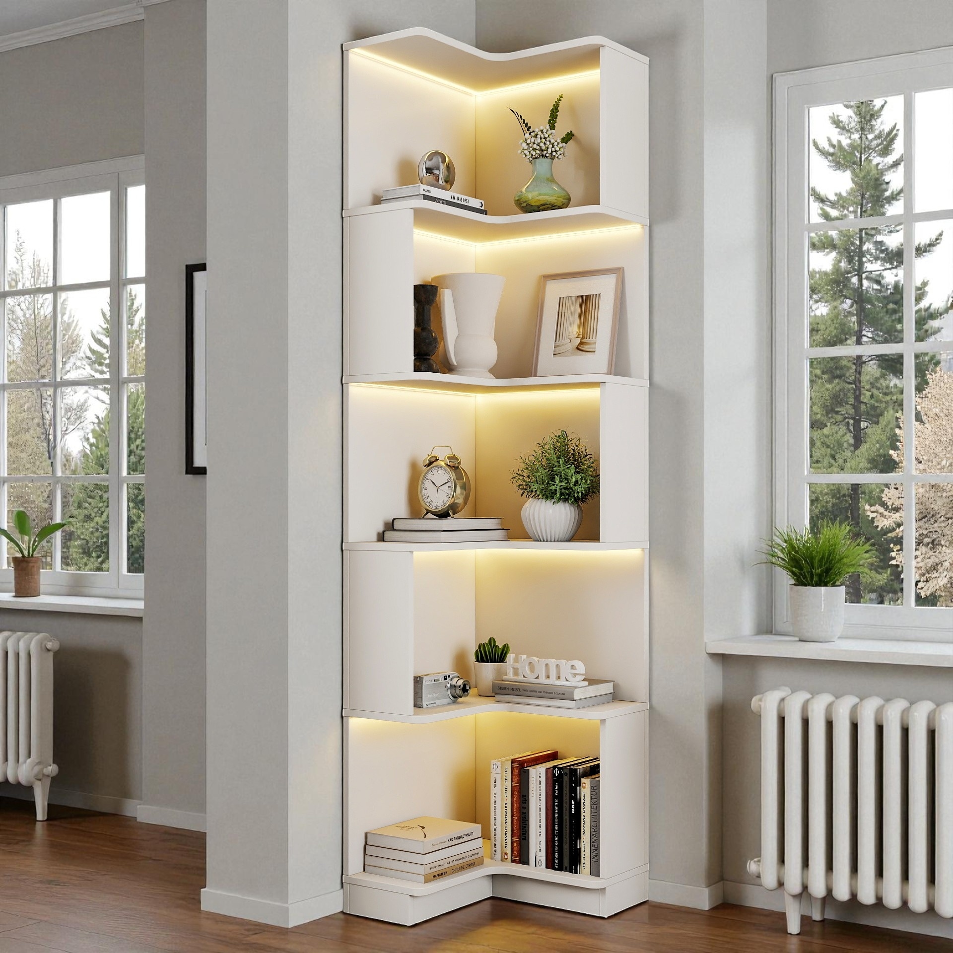 5-Tier Corner Bookshelf with Baffle and LED Lights, L-Shaped Freestanding Display Shelf for Living Room, Bedroom, or Office