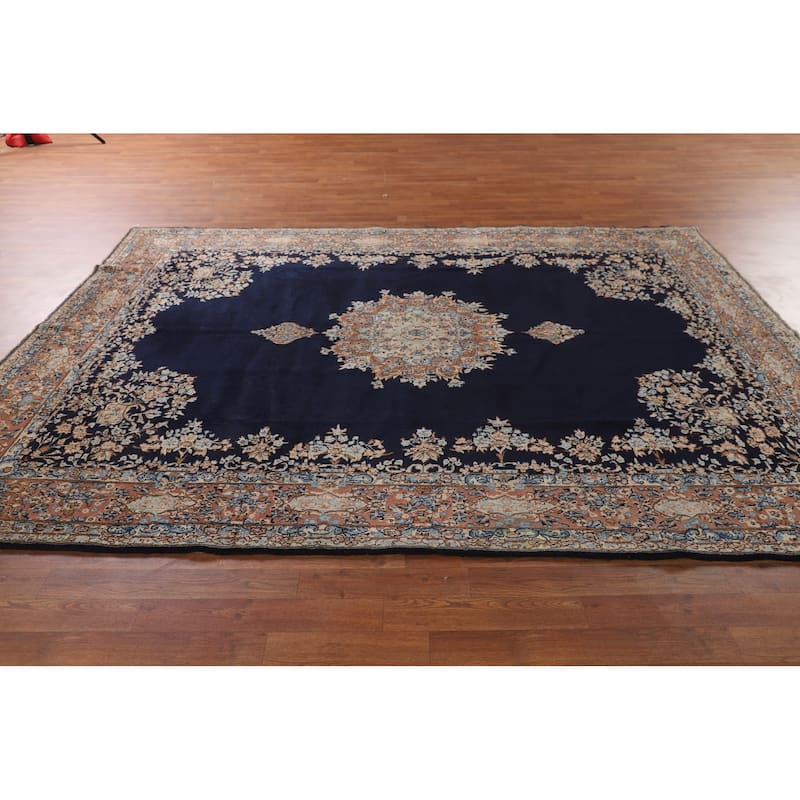 Navy Blue Floral Kerman Persian Antique Area Rug Handmade Wool Carpet - 6'11" x 9'7"