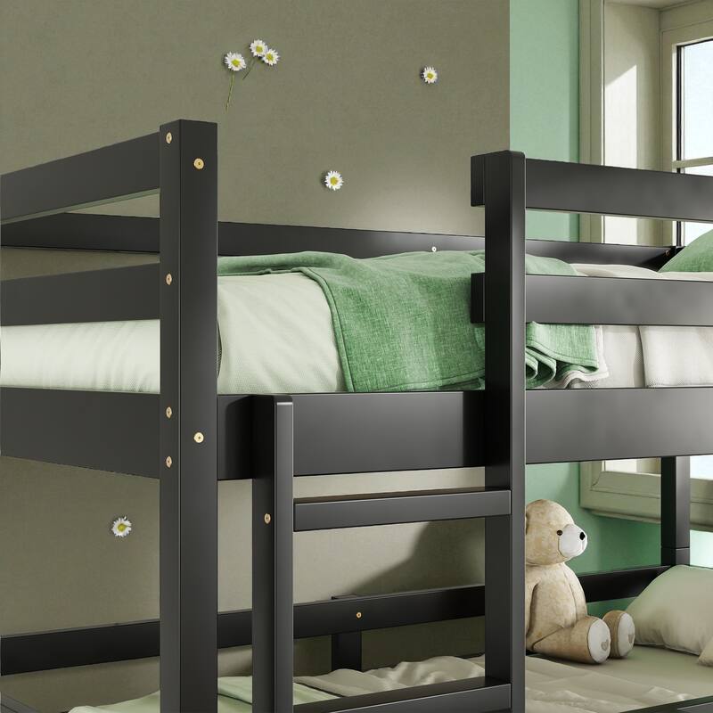 Twin Over Twin Over Twin Rubber Wood Triple Bunk Bed with Guardrails and Two Built-in Ladders, Detachable 3-Tier Bed Frame
