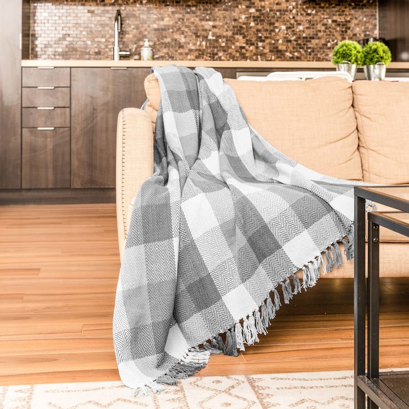Fabstyles Herringbone Checkered Cotton Throw Blanket with Fringes