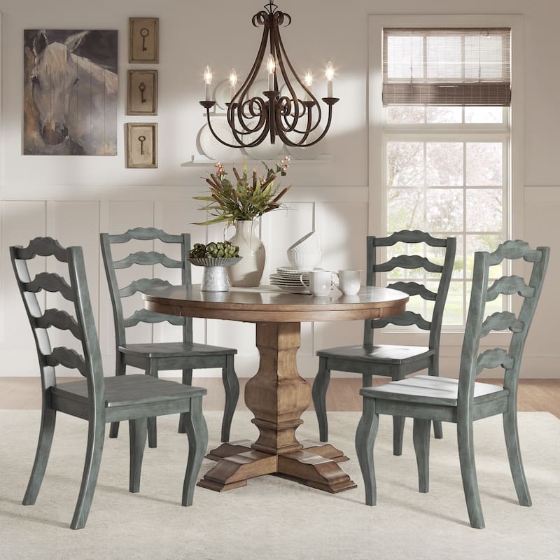 Eleanor Oak Round Solid Wood Top Ladder Back 5-piece Dining Set by iNSPIRE Q Classic - Oak Table - Antique Sage Green Chairs