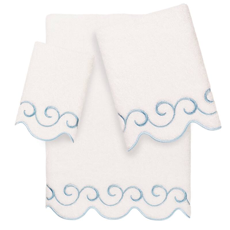 Authentic Hotel and Spa 100% Turkish Cotton SIMPLICITY Scallop Embellished Towel Collection - White/Blue - 3 Piece Set