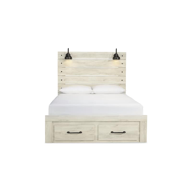 Cambeck Whitewashed Panel Bed w/ 2 Footboard Storage Drawers