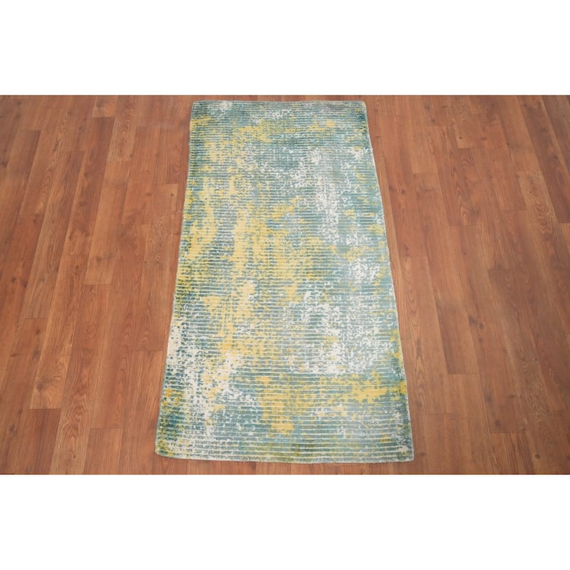 Hand Knotted Oriental Viscose Silk Carpet Modern All-Over Green Abstract Area Rug - 4' 0'' X 2' 0''