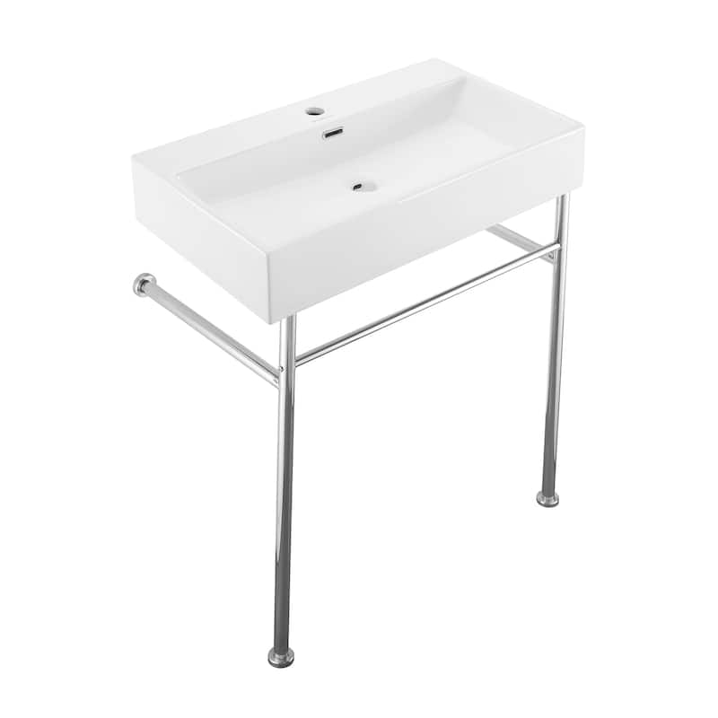 Reims 30 Ceramic Console Sink White Basin Chrome Legs - 29.5" x 16.55" 35.45" - 29.5" x 16.55" 35.45" - White
