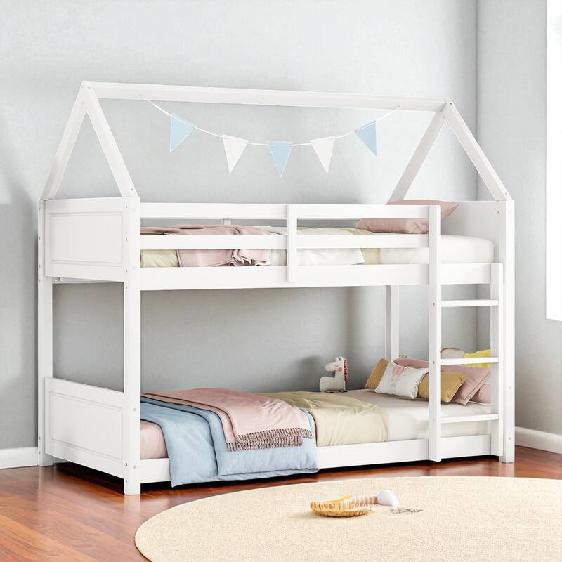 Twin over Twin House Bunk Bed with Roof Frame, Guardrails, Ladder and Headboards, Rubber Wood Kids Floor Bed