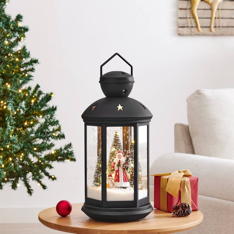 LED Lighted Musical Santa Scene Lantern Christmas Snow Globe - 19.5" - Black