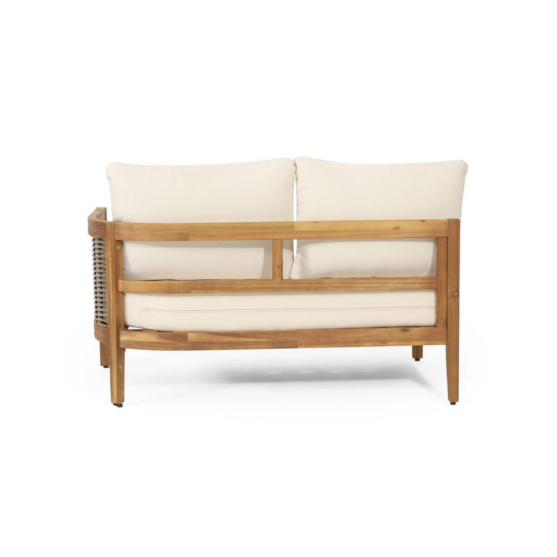 Burchett Acacia Wood and Round Wicker Outdoor 5 Seater Sectional Sofa Set with Cushions by Christopher Knight Home