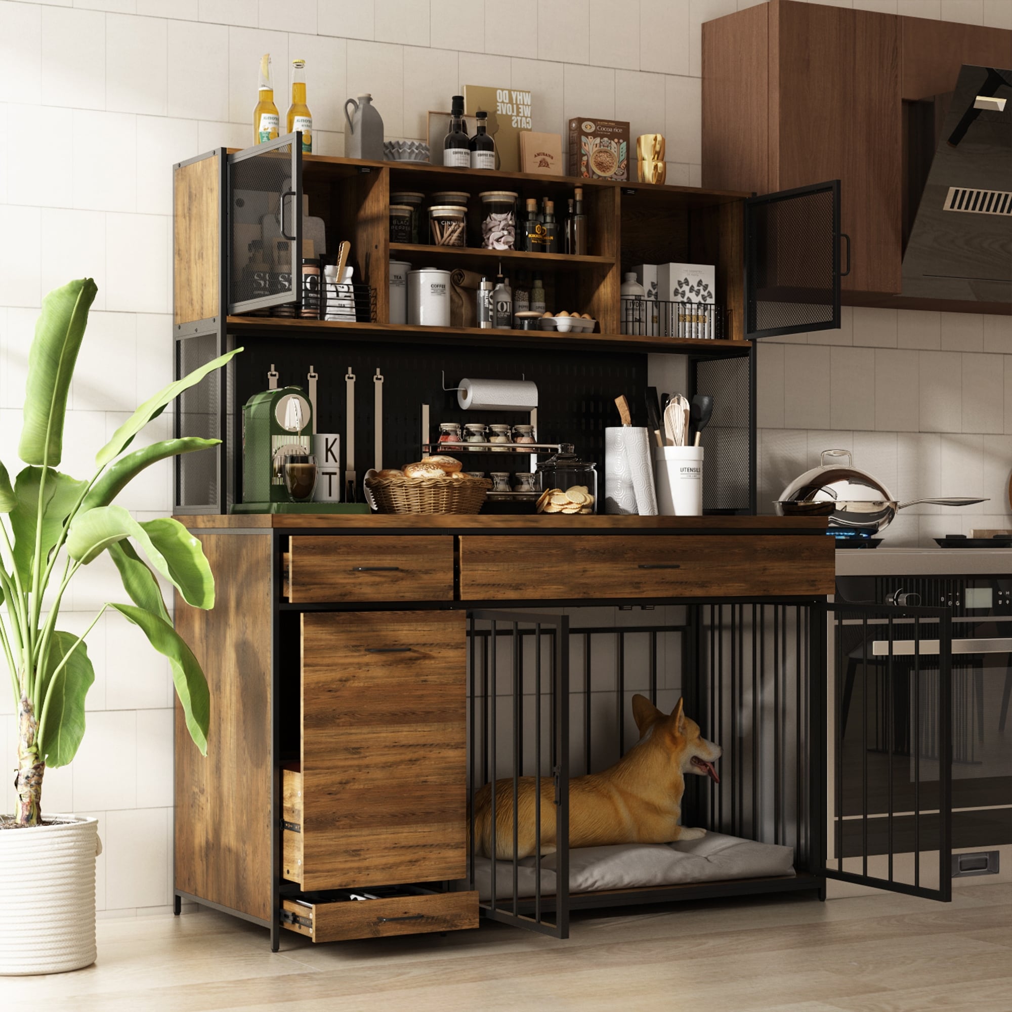 Wood Kitchen Storage Cabinet Style Dog Crate Furniture with 4 drawers 59.1W x 23.6D x 70.7H