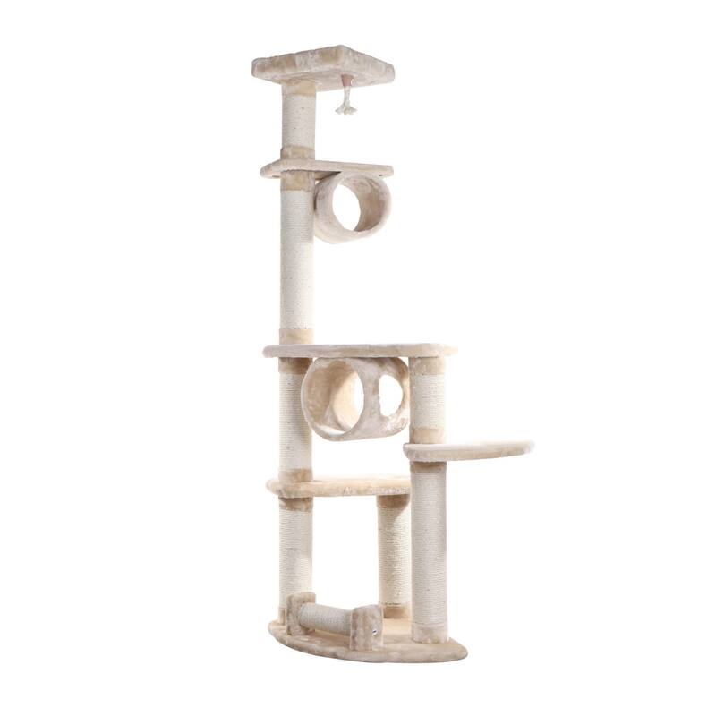 Press Wood Real Wood Cat Tree With Cured Sisal Posts for Scratching - Beige