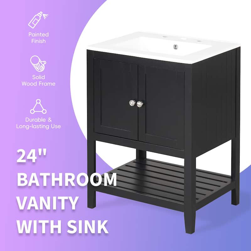 24" Bathroom Vanity with Ceramic Sink, Solid Wood Frame & Open Shelf, Freestanding Modern Cabinet