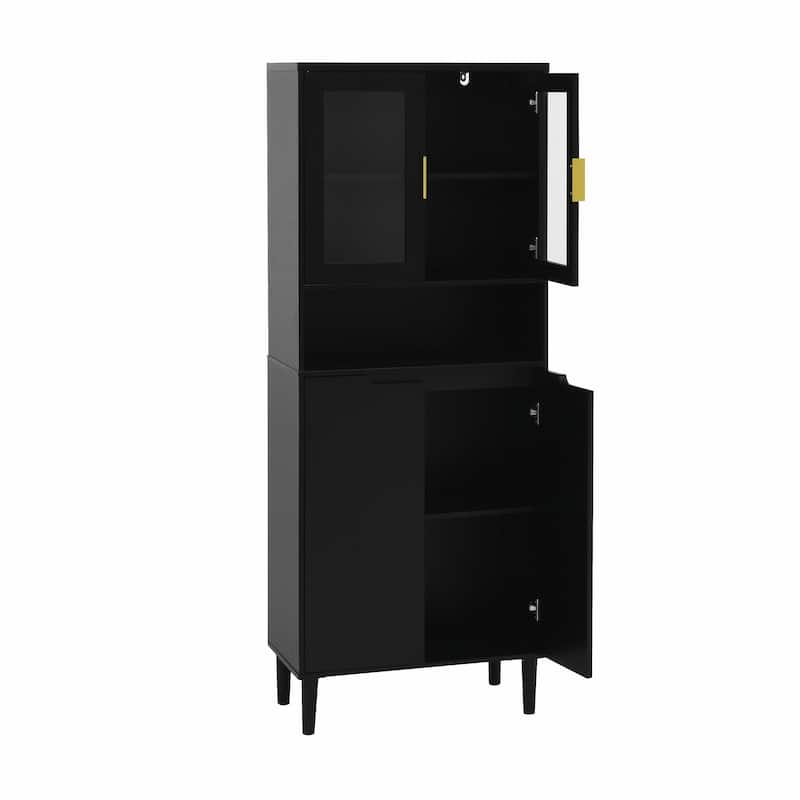 Tall Kitchen Pantry Cabinet with 2 Glass Display Doors & 2 Solid Doors