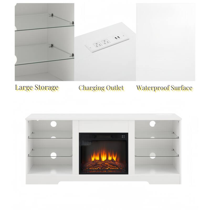 57.87" Electric Fireplace TV Stand with Glass Shelves, LED Lights, and USB Charging Outlet for TVs Up to 50"