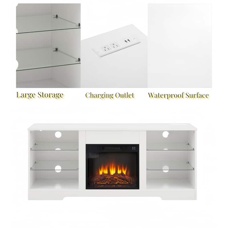 White 58" Fireplace TV Stand with LED, Glass Shelves & USB for TVs Up to 50"