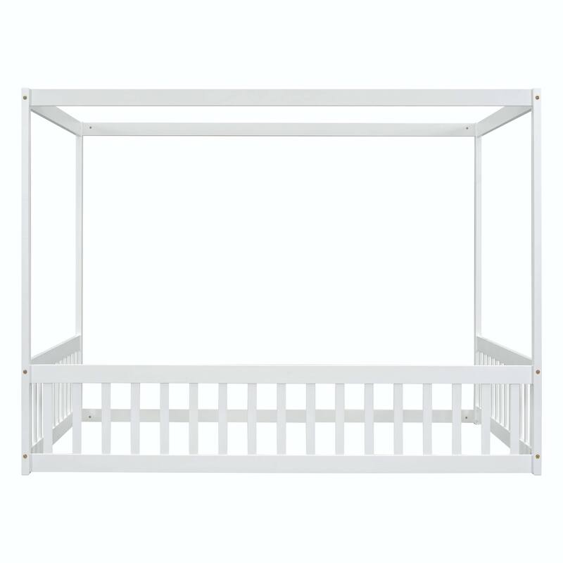 Canopy Frame Floor Bed with Fence and Guardrails