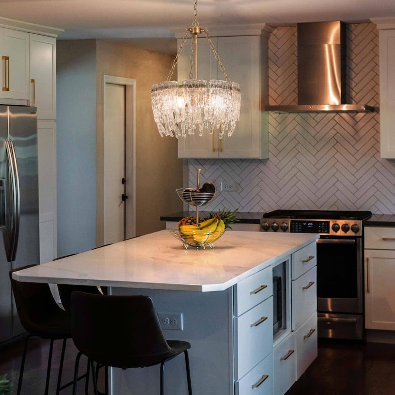 Modern 4-Light Gold Drum Textured Glass Chandelier for Dining Room