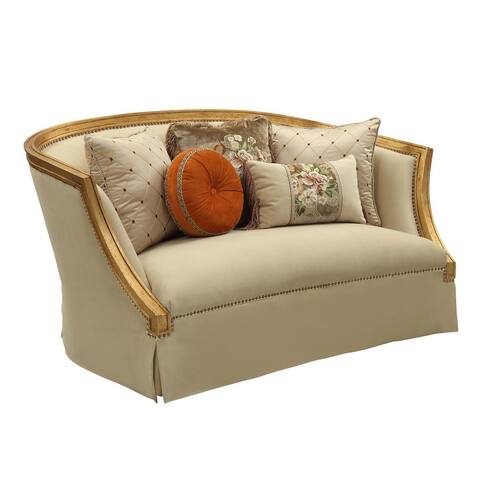 Flannel Upholstered Loveseat with 5 Pillows in Tan and Antique Gold