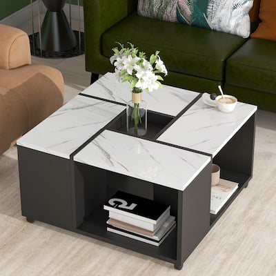 2-layer Coffee Table Square Cocktail Table Sofa Table for Living Room with Casters & Removable Tray End Table