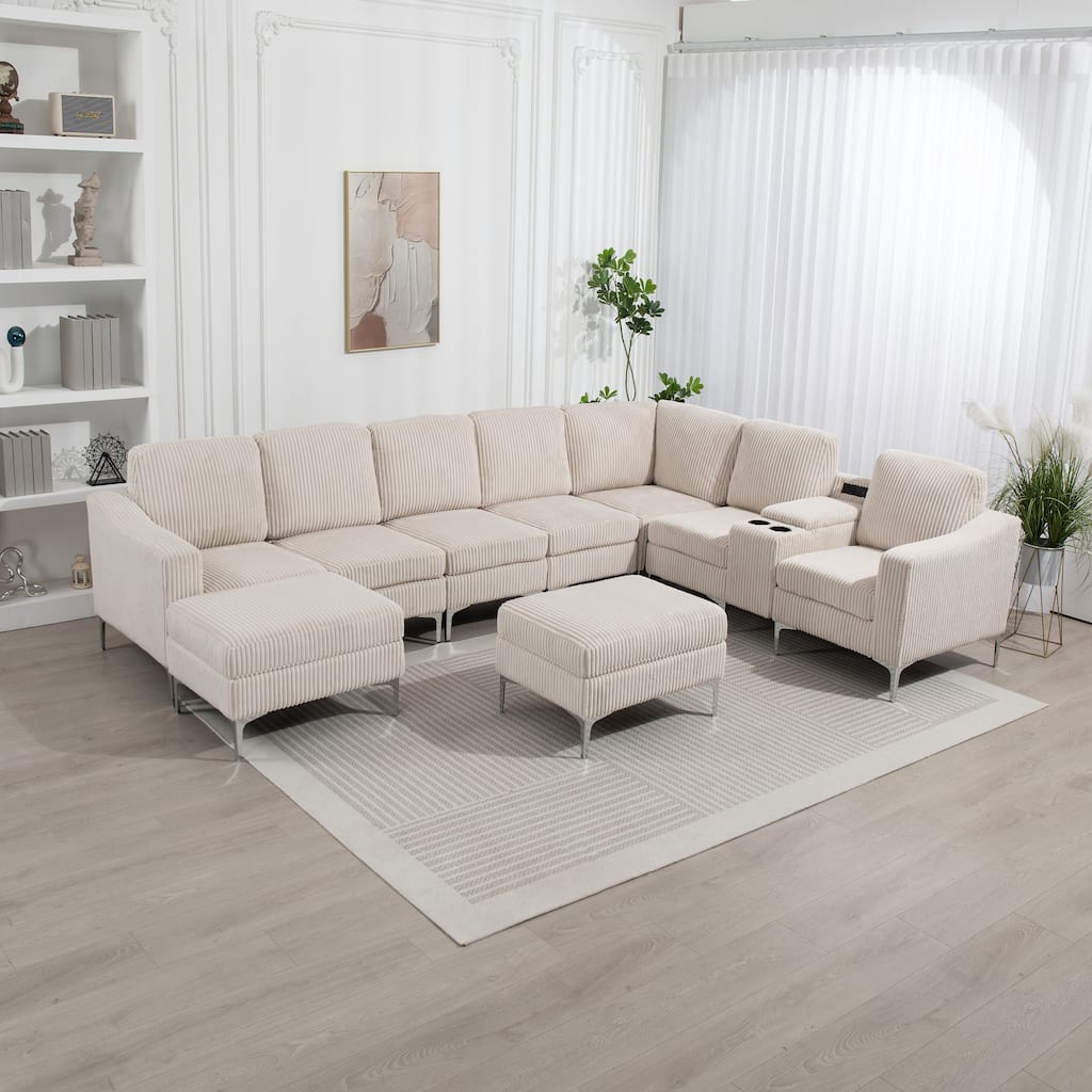 129.14" Corduroy Modular Sectional Sofa with 2 Ottomans
