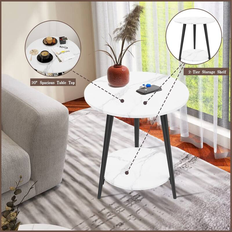 Round End Table Modern White Side Table for Living Room Bedroom Nightstand Accent Table with 2-Tier Faux Marble Wood Top