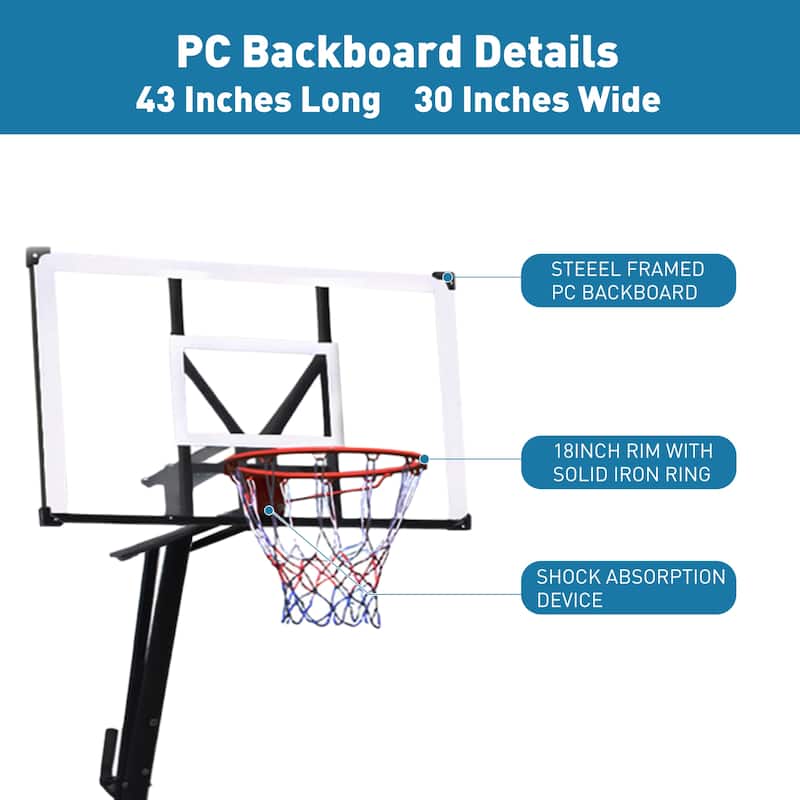 Portable Adjustable Basketball Hoop 6-10ft 43" Shatterproof Backboard for Indoor Outdoor Pool Kids Adults with Rebound Plate