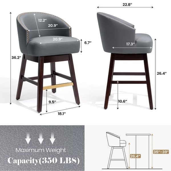 dimension image slide 4 of 10, Bar Stools PU Leather / Linen Fabric Upholstered Solid Wood Swivel Barstool Set of 2/4