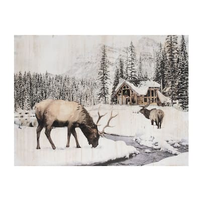 Brown Rustic Wood Winter Wall Sign with Reindeer and Pine Forest Holiday Plaque for Entryway or Home - 18.5”L x 1”W x 14”H