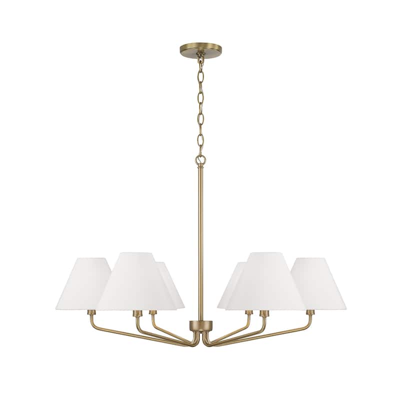 34" W x 22.5" H 6-Light Angular Chandelier with Tapered White Fabric Shades - 34"W x 22.25"H - Aged Brass