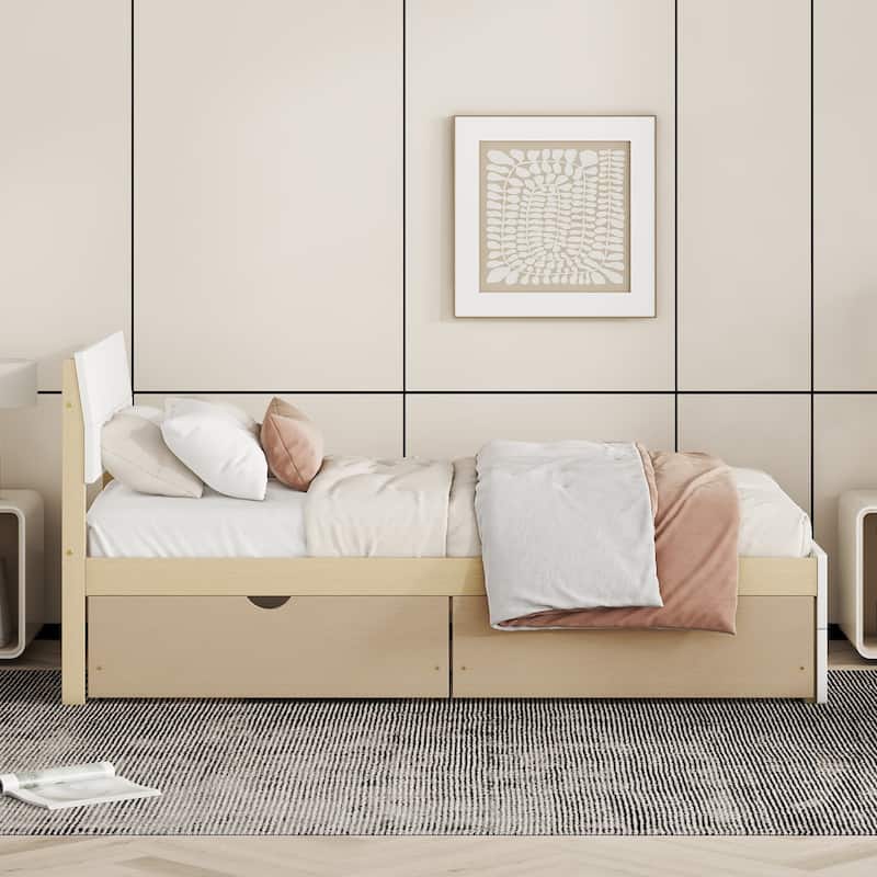 Modern Twin Bed Frame With 2 Drawers For High Gloss Headboard and Footboardr for All Ages,Strong Wooden Slats