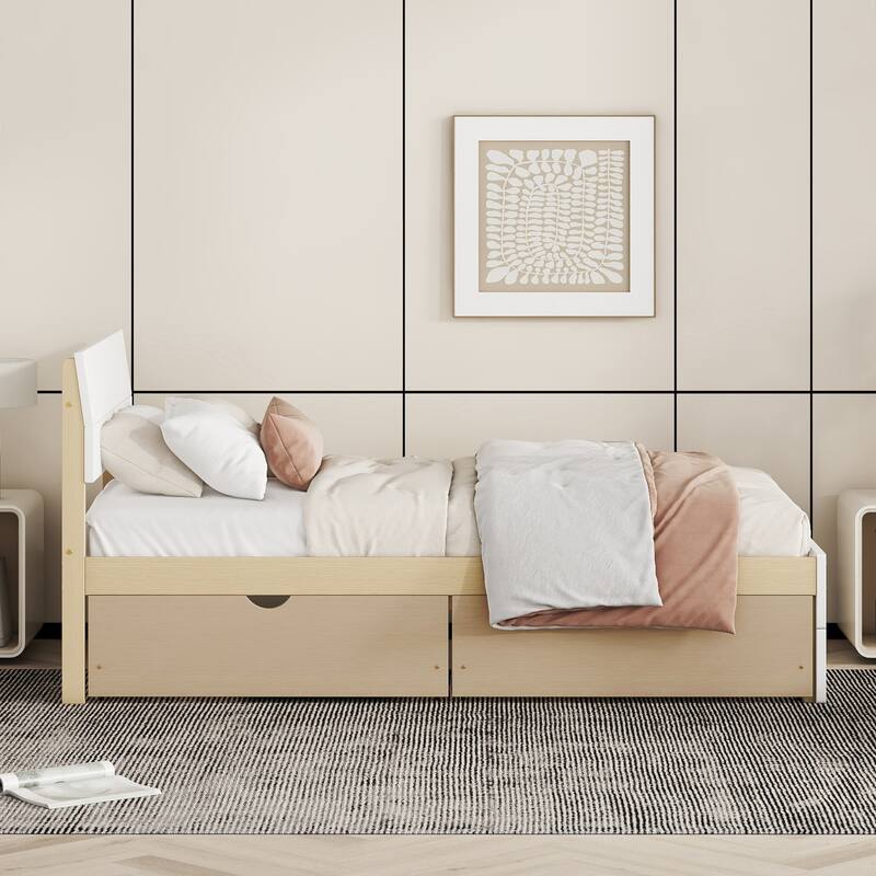 Modern Twin Bed Frame with 2 Drawers, High Gloss Headboard, Light Oak Finish
