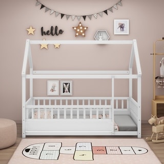 Wood House Roof Bed Frame Twin Size Floor Wooden Bed with Fence