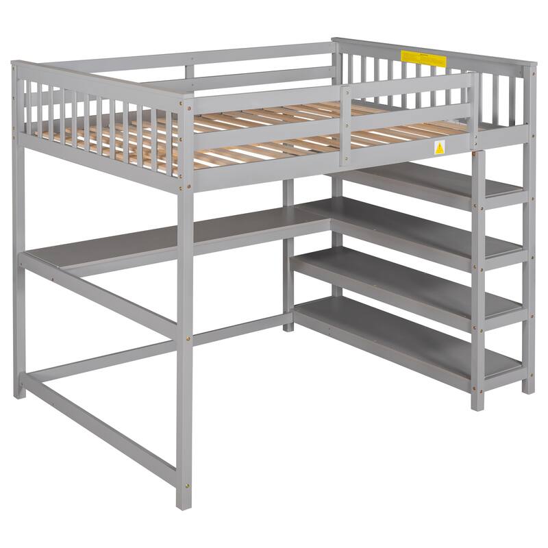 Full Size Loft Bed with Storage Shelves and Under-bed Desk in Gray
