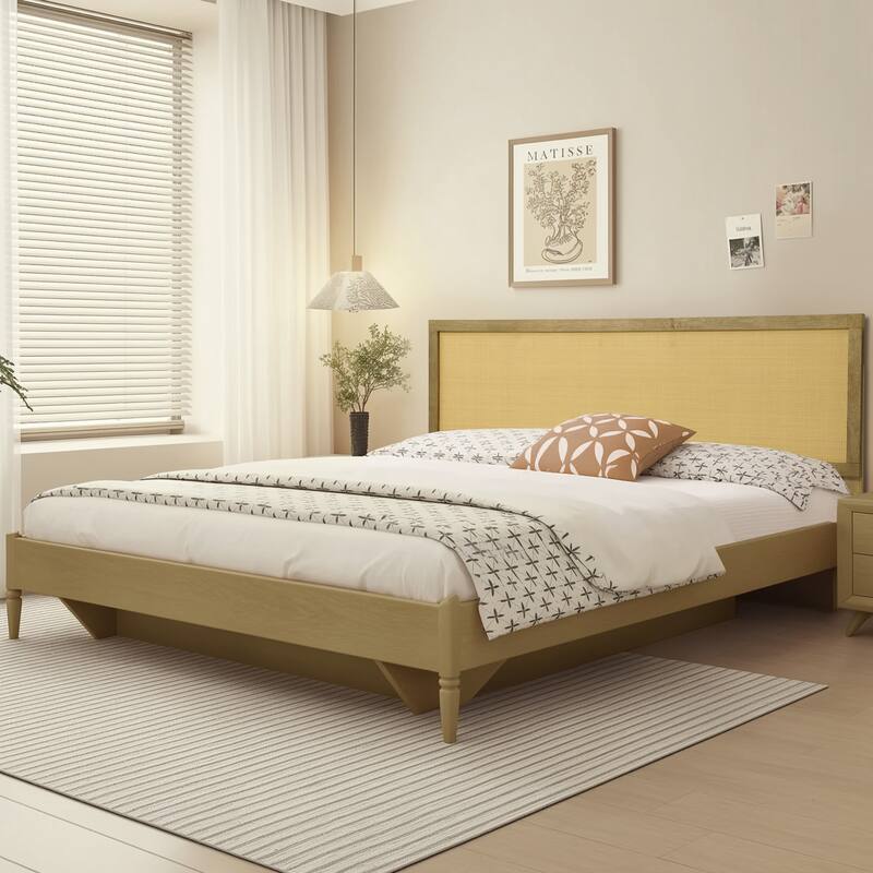 Natural Finish Rubberwood with Rattan Panel Headboard, King or Queen (Headboard Only)