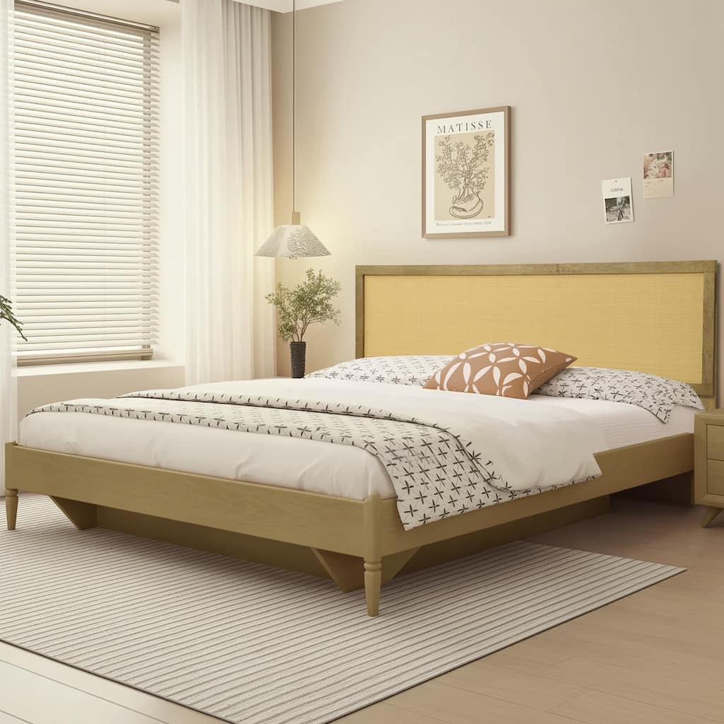 Natural Finish Rubberwood with Rattan Panel Headboard, King or Queen (Headboard Only)