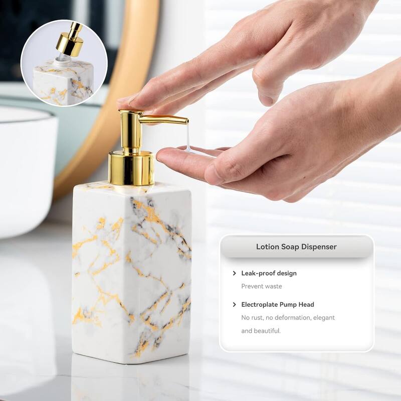 4-Piece Bathroom Accessories Set, Lotion Dispenser, Toothbrush Holder and Soap Dish, Glossy Finish (Black and White)