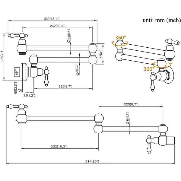 dimension image slide 4 of 12, WOWOW Wall Mounted Pot Filler Faucet with Double Joints
