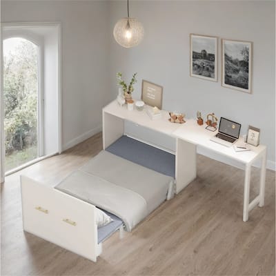 Twin Size Murphy Bed with Adjustable Position Desk,Foldable Cushion